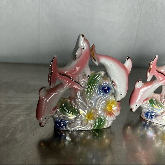 Vintage Set of 2 Iridescent Dolphins At Play Pink Floral Beachy Glass Figurines - Picture 5 of 5